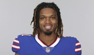 Damar Hamlin of the Buffalo Bills NFL football team smiles May 12, 2021. Damar Hamlin plans to support young people through education and sports with the $8.6 million in GoFundMe donations that unexpectedly poured into his toy drive fundraiser after he suffered a cardiac arrest in the middle of a game last week. (AP Photo)