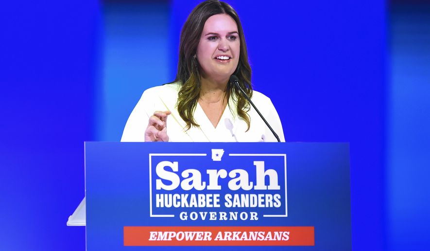 Arkansas Gov.-elect Sarah Huckabee Sanders speaks during her election night party, Nov. 8, 2022, in Little Rock, Ark. Sanders will be sworn in as Arkansas&#x27; 47th governor on Tuesday, Jan. 10, 2023, becoming the first woman to hold the post in her home state. (AP Photo/Will Newton, File)