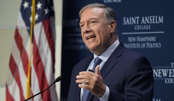Former Secretary of State Mike Pompeo addresses an audience at a periodic &quot;Politics and Eggs&quot; gathering at Saint Anselm College, in Manchester, N.H., Sept. 20, 2022. (AP Photo/Steven Senne) **FILE**
