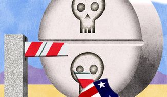 Illustration on fentanyl and the southern border by Alexander Hunter/The Washington Times