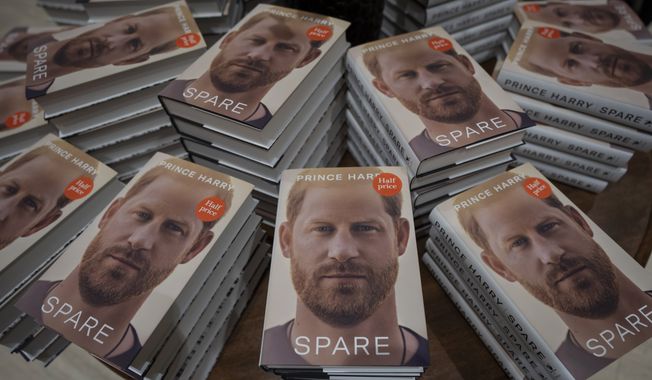Copies of the new book by Prince Harry called &quot;Spare&quot; are displayed at a book store in London, Jan. 10, 2023. (AP Photo/Kin Cheung, File)