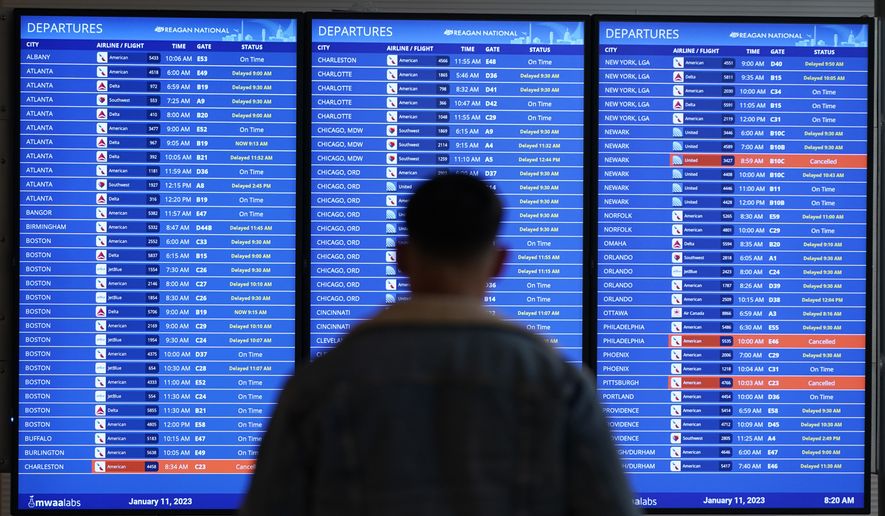 A traveler looks at a flight board with delays and cancellations at Ronald Reagan Washington National Airport in Arlington, Va., Wednesday, Jan. 11, 2023. Thousands of travelers were stranded at U.S. airports due to an hours-long computer outage. If a flight is canceled, experts say most airlines will rebook you on the next available flight. But if you choose to cancel the trip, airlines must provide you with a full refund. (AP Photo/Patrick Semansky) **FILE**