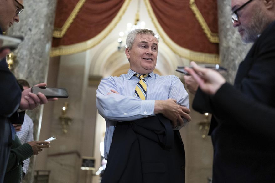 Rep. James Comer, R-Ky., talks to reporters as he walks to the House chamber, on Capitol Hill in Washington, Monday, Jan. 9, 2023. (AP Photo/Jose Luis Magana)