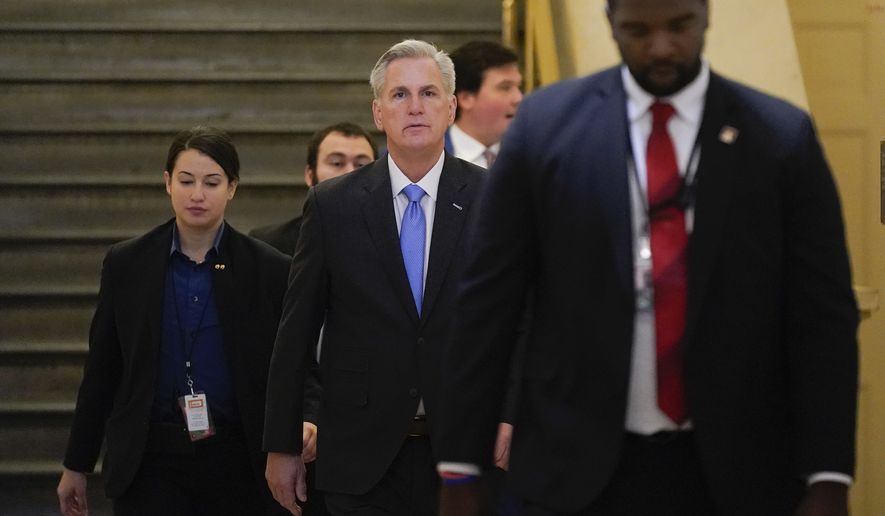 House Speaker Kevin McCarthy of Calif., walks to a House Republican Steering Committee meeting on Capitol Hill in Washington, Wednesday, Jan. 11, 2023. (AP Photo/Patrick Semansky)