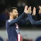 PSG&#39;s Lionel Messi, left, celebrates with PSG&#39;s Neymar after scoring his sides second goal during the French League One soccer match between Paris Saint-Germain and Angers at the Parc des Princes in Paris, France, Wednesday, Jan. 11, 2023. (AP Photo/Francois Mori)