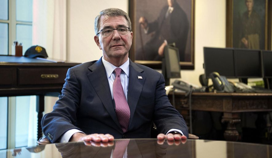 Secretary of Defense Ash Carter is interviewed in his Pentagon office, Jan. 18, 2017. President Joe Biden and other past and present U.S. officials are honoring Ash Carter, the late defense secretary who opened the way for women to fight in combat and transgendered personnel to serve, at a memorial service Thursday., Jan. 12, 2023. Carter, 68, died in October of a heart attack. (AP Photo/Cliff Owen, File)