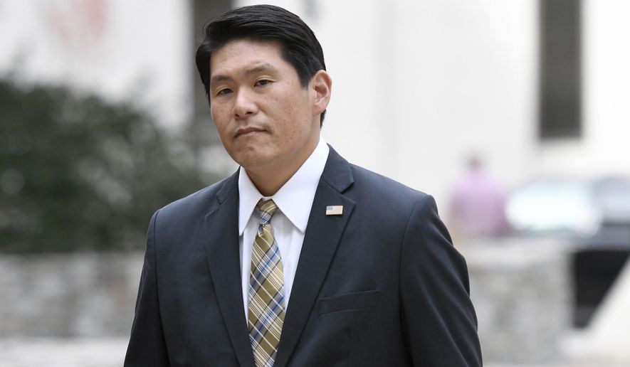 U.S. Attorney Robert Hur arrives at U.S. District Court in Baltimore on Nov. 21, 2019. Attorney General Merrick Garland on Thursday, Jan. 12, 2023, appointed Hur as a special counsel to investigate the presence of documents with classified markings found at President Joe Biden’s home in Wilmington, Del., and at an office in Washington. (AP Photo/Steve Ruark, File)