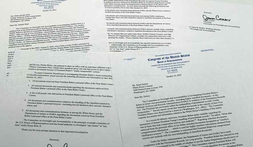 The letters from House Oversight Committee chairman Rep. James Comer, R-Ky., to Debra Steidel Wall, archivist of the United States, and White House Counsel Stuart Delery are photographed Tuesday, Jan. 10, 2023. (AP Photo/Jon Elswick)