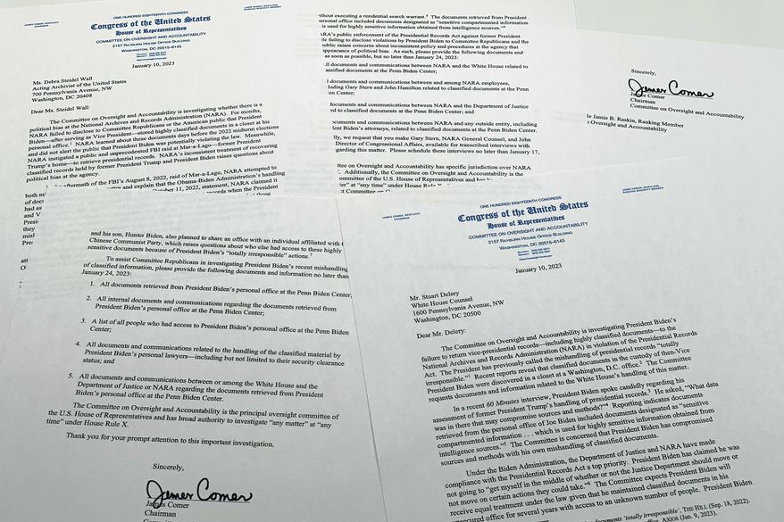 The letters from House Oversight Committee chairman Rep. James Comer, R-Ky., to Debra Steidel Wall, archivist of the United States, and White House Counsel Stuart Delery are photographed Tuesday, Jan. 10, 2023. (AP Photo/Jon Elswick)