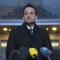 Taoiseach Leo Varadkar speaks to the media outside the Stormont Hotel, after holding talks with representatives from Stormont&#x27;s five political parties to discuss the deadlock over the post-Brexit protocol, in Belfast, Northern Ireland, Thursday, Jan. 12, 2023. (Brian Lawless/PA via AP)