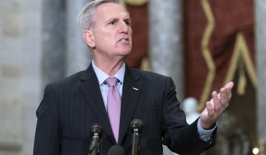 Speaker of the House Kevin McCarthy, R-Calif., speaks during a news conference in Statuary Hall at the Capitol in Washington, Thursday, Jan. 12, 2023. (AP Photo/Jose Luis Magana)