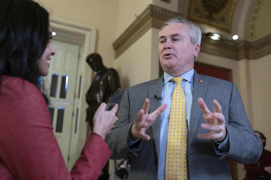 Rep. James Comer, R-Ky., talks to reporters as he walks to the to the House chamber, on Capitol Hill in Washington, Thursday, Jan. 12, 2023. (AP Photo/Jose Luis Magana)
