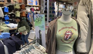 A Rolling Stones T-shirt from 1970 is displayed in the Westfield Garden State Plaza shopping mall in Paramus, New Jersey, on Saturday, Dec. 17, 2022. On Thursday, the Labor Department reports on U.S. consumer prices for December. (AP Photo/Ted Shaffrey, File)