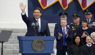 Florida Gov. Ron DeSantis waves after being sworn in for his second term during an inauguration ceremony at the Old Capitol, Tuesday, Jan. 3, 2023, in Tallahassee, Fla. (AP Photo/Lynne Sladky)