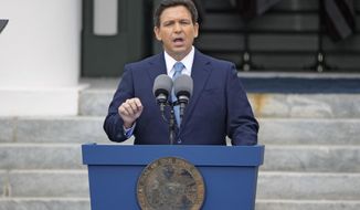 Florida Gov. Ron DeSantis speaks to the crowd after being sworn in to begin his second term during an inauguration ceremony outside the Old Capitol Tuesday, Jan. 3, 2023, in Tallahassee, Fla. (AP Photo/Lynne Sladky)