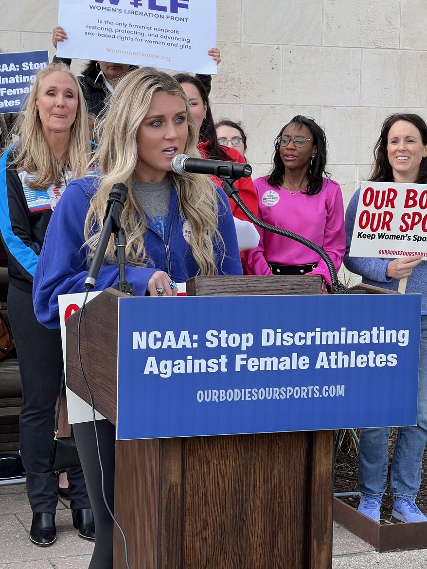 Former University of Kentucky All-American swimmer Riley Gaines urged the NCAA to protect single-sex sports for women at a rally outside the NCAA annual convention in San Antonio on Jan. 12, 2023. Photo courtesy the Independent Women's Forum.