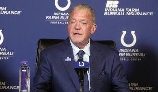 FILE -Indianapolis Colts owner Jim Irsay speaks during a news conference at the NFL football team&#x27;s practice facility Monday, Nov. 7, 2022, in Indianapolis. Indianapolis Colts owner Jim Irsay said Wednesday, Dec. 14, 2022 he isn&#x27;t ready to oust Daniel Snyder as owner of the Washington Commanders and wants to discuss the possibility with other NFL owners.((AP Photo/Darron Cummings, File)