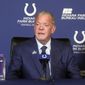 FILE -Indianapolis Colts owner Jim Irsay speaks during a news conference at the NFL football team&#x27;s practice facility Monday, Nov. 7, 2022, in Indianapolis. Indianapolis Colts owner Jim Irsay said Wednesday, Dec. 14, 2022 he isn&#x27;t ready to oust Daniel Snyder as owner of the Washington Commanders and wants to discuss the possibility with other NFL owners.((AP Photo/Darron Cummings, File)