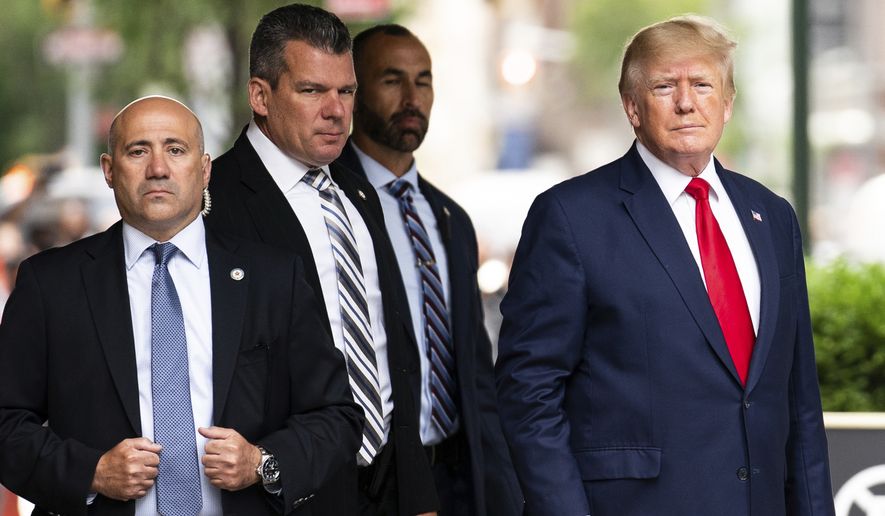 Former President Donald Trump departs Trump Tower, Wednesday, Aug. 10, 2022, in New York, on his way to the New York attorney general's office for a deposition in a civil investigation. The Trump Organization faces the possibility of a stiff fine as it is sentenced for helping some top executives cheat on their taxes. (AP Photo/Julia Nikhinson) **FILE**