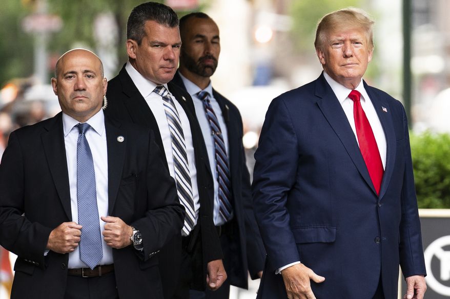 Former President Donald Trump departs Trump Tower, Wednesday, Aug. 10, 2022, in New York, on his way to the New York attorney general's office for a deposition in a civil investigation. The Trump Organization faces the possibility of a stiff fine as it is sentenced for helping some top executives cheat on their taxes. (AP Photo/Julia Nikhinson) **FILE**