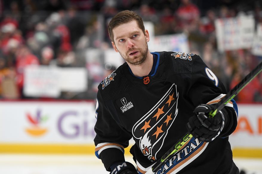 Washington Capitals center Evgeny Kuznetsov (92) skating during pre-game warmups before an NHL game against the Philadelphia Flyers at Capital One Arena in Washington D.C., January 14, 2023. (Photo by Billy Sabatini)