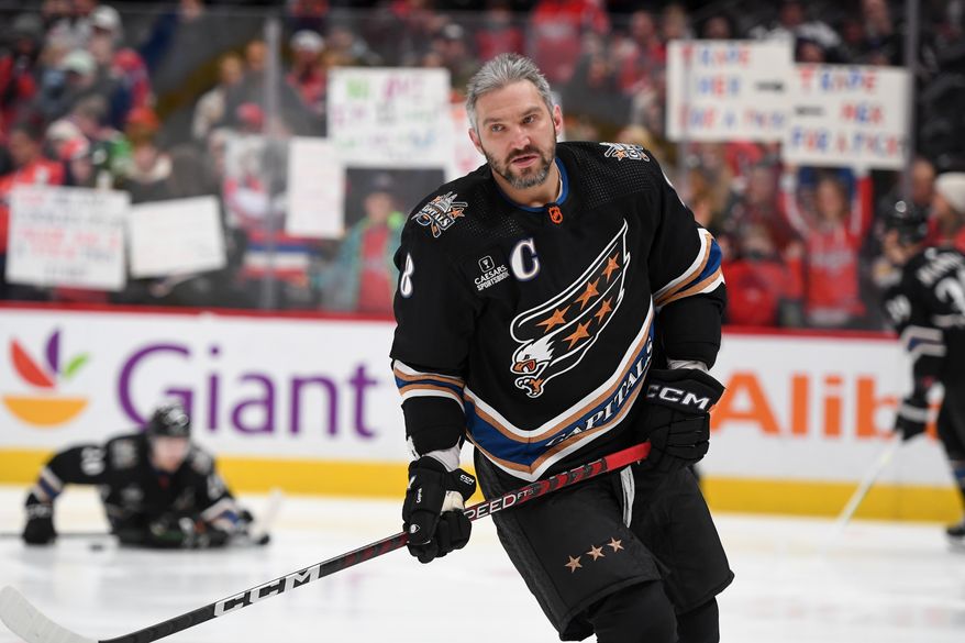 Washington Capitals left wing Alex Ovechkin (8) skating during pre-game warmups before an NHL game against the Philadelphia Flyers at Capital One Arena in Washington D.C., January 14, 2023. (Photo by Billy Sabatini)