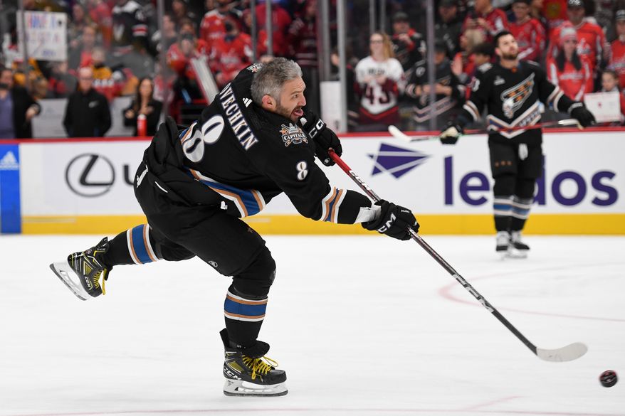 Washington Capitals left wing Alex Ovechkin (8) taking a shot during pre-game warmups before an NHL game against the Philadelphia Flyers at Capital One Arena in Washington D.C., January 14, 2023. (Photo by Billy Sabatini)