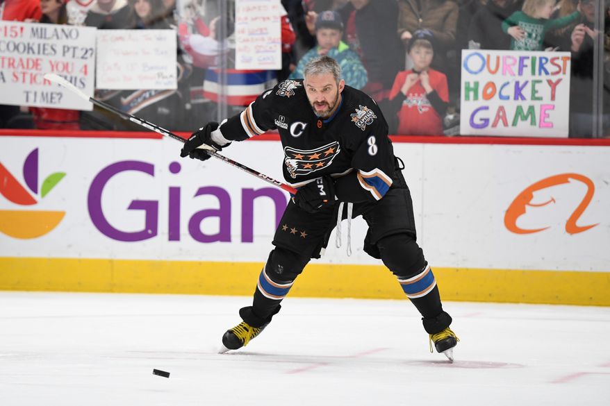 Washington Capitals left wing Alex Ovechkin (8) about to take a shot during pre-game warmups before an NHL game against the Philadelphia Flyers at Capital One Arena in Washington D.C., January 14, 2023. (Photo by Billy Sabatini)