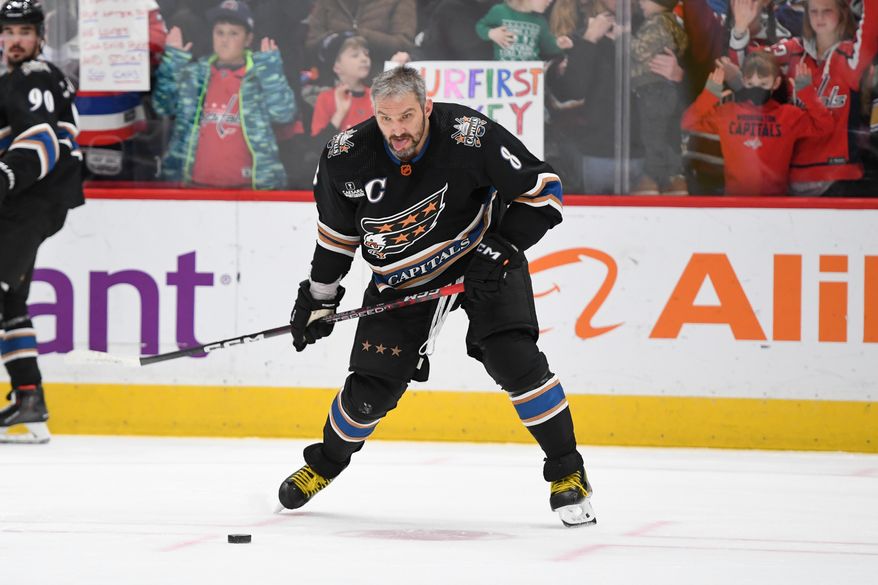 Washington Capitals left wing Alex Ovechkin (8) about to take a shot during pre-game warmups before an NHL game against the Philadelphia Flyers at Capital One Arena in Washington D.C., January 14, 2023. (Photo by Billy Sabatini)