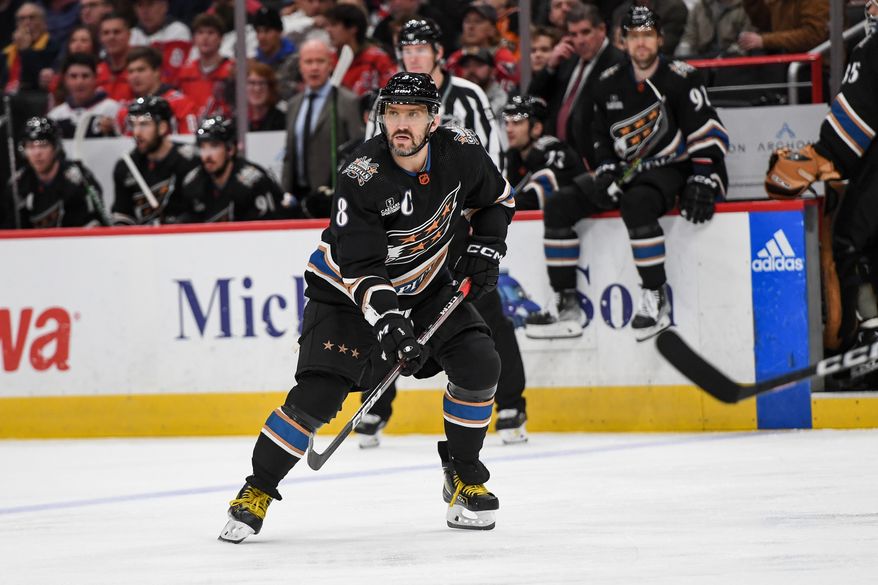 Washington Capitals left wing Alex Ovechkin (8) skating up ice during the 1st period in an NHL game against the Philadelphia Flyers at Capital One Arena in Washington D.C., January 14, 2023. (Photo by Billy Sabatini)