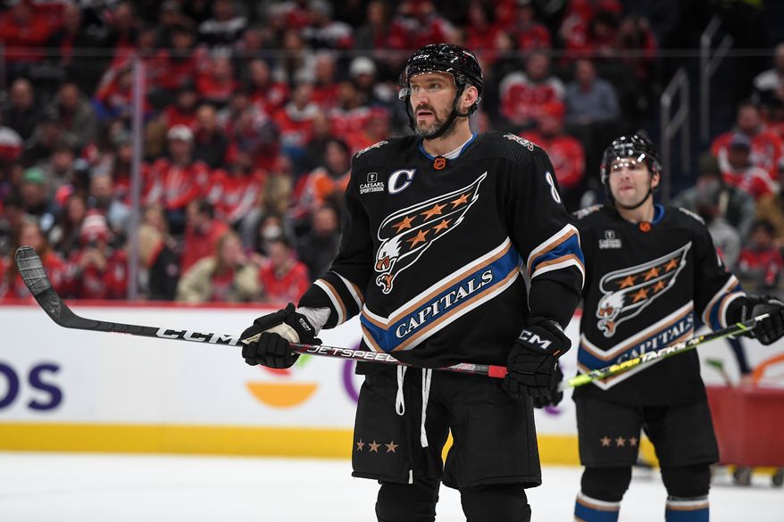 Washington Capitals left wing Alex Ovechkin (8) on the ice during the 1st period in an NHL game against the Philadelphia Flyers at Capital One Arena in Washington D.C., January 14, 2023. (Photo by Billy Sabatini)