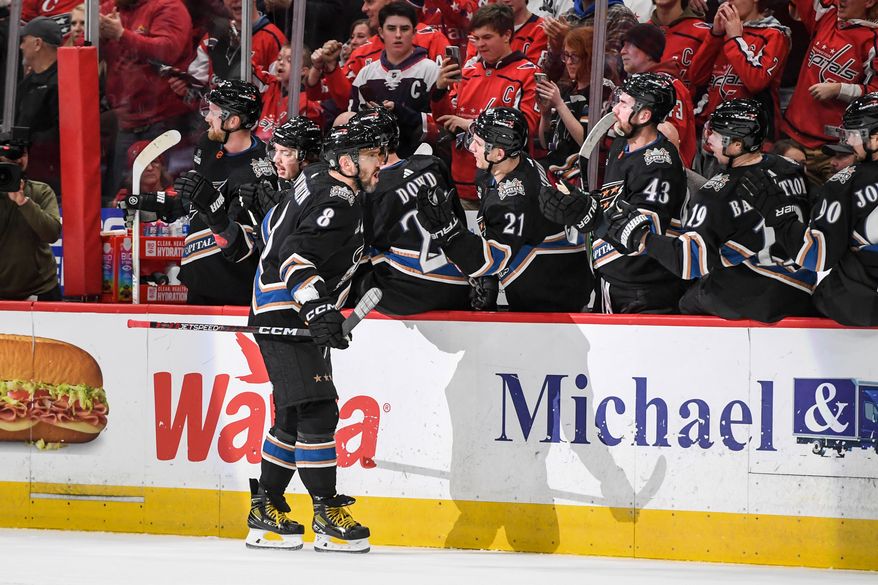 Washington Capitals left wing Alex Ovechkin (8) skating past the bench after scoring his first period goal during an NHL game against the Philadelphia Flyers at Capital One Arena in Washington D.C., January 14, 2023. (Photo by Billy Sabatini)