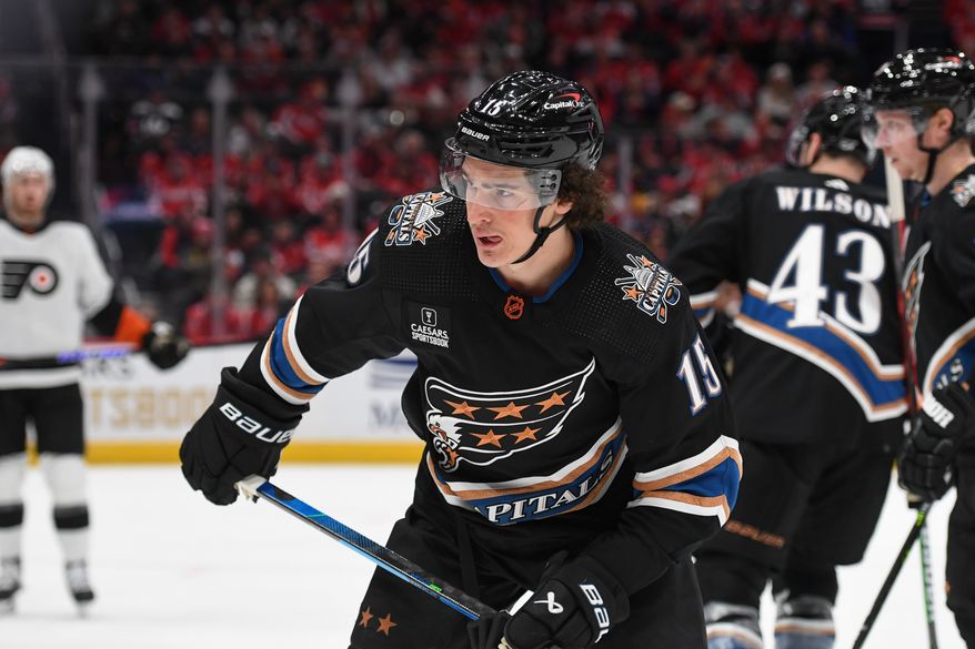 Washington Capitals left wing Sonny Milano (15) during the 2nd period in an NHL game against the Philadelphia Flyers at Capital One Arena in Washington D.C., January 14, 2023. (Photo by Billy Sabatini)