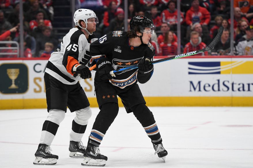 Washington Capitals left wing Sonny Milano (15) fighting for position in front of the net during the 2nd period in an NHL game against the Philadelphia Flyers at Capital One Arena in Washington D.C., January 14, 2023. (Photo by Billy Sabatini)