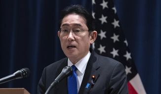 Japanese Prime Minister Fumio Kishida speaks during a news conference in Washington, Saturday, Jan. 14, 2023. (AP Photo/Jose Luis Magana) ** FILE **
