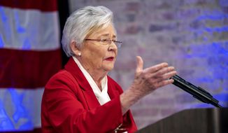Alabama Gov. Kay Ivey speaks to supporters after the Republicans&#39; reelection victory, Nov. 8, 2022, in Montgomery, Ala. Ivey begins her second full term on Monday, Jan. 16, 2023 with her inauguration. (AP Photo/Vasha Hunt)