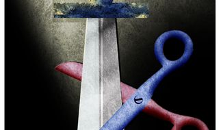 Illustration on cuts to the defense budget by Alexander Hunter/The Washington Times