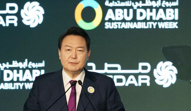South Korean President Yoon Suk Yeol talks during the Abu Dhabi Sustainability Week&#x27;s opening ceremony in Abu Dhabi, United Arab Emirates, Monday, Jan. 16, 2023. (AP Photo/Kamran Jebreili)