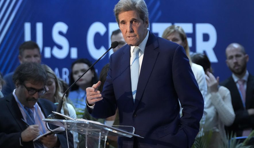 U.S. Special Presidential Envoy for Climate John Kerry speaks during a session on accelerating clean energy at the COP27 U.N. Climate Summit, Nov. 9, 2022, in Sharm el-Sheikh, Egypt. U.S. climate envoy John Kerry told The Associated Press on Sunday, Jan. 15, 2023, that he backs the United Arab Emirates&#x27; decision to appoint the CEO of a state-run oil company to preside over the upcoming U.N. climate negotiations in Dubai, citing his work on renewable energy projects. (AP Photo/Peter Dejong, File)