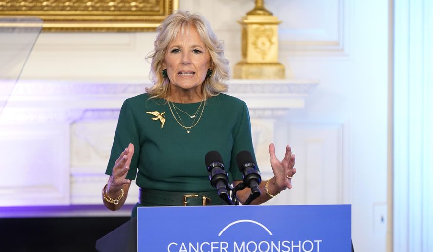 First lady Jill Biden speaks during an event to launch the American Cancer Society&#x27;s national roundtables on breast and cervical cancer in the State Dining Room of the White House, Oct. 24, 2022, in Washington. (AP Photo/Patrick Semansky, File)
