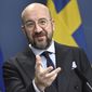 European Council President Charles Michel speaks during a joint press conference with Swedish Prime Minister Ulf Kristersson in Stockholm, Monday Jan. 16, 2023. (Henrik Montgomery/TT News Agency via AP)