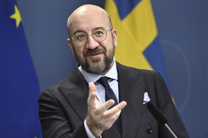 European Council President Charles Michel speaks during a joint press conference with Swedish Prime Minister Ulf Kristersson in Stockholm, Monday Jan. 16, 2023. (Henrik Montgomery/TT News Agency via AP)