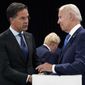Netherland&#39;s Prime Minister Mark Rutte, left, speaks with U.S. President Joe Biden during a round table meeting at a NATO summit in Madrid, Spain, June 29, 2022. Biden is set to host Rutte for talks. The U.S. administration is looking to persuade the Netherlands to further limit China&#39;s access to advanced semiconductors with export restrictions. (AP Photo/Susan Walsh, Pool)