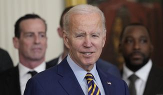 President Joe Biden speaks during an event in the East Room of the White House in Washington, to welcome the 2022 NBA champions, the Golden State Warriors, Tuesday, Jan 17, 2023. (AP Photo/Susan Walsh)