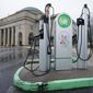 An electric car charging station is positioned outside the Science Museum where Virginia state Senators met for their 2021 legislative session, in Richmond, Va., Feb. 18, 2021. Virginia Senate Democrats on Tuesday, Jan. 17, 2023, defeated several Republican efforts to repeal a so-called “clean cars” law that aims to reduce carbon pollution through the adoption of California’s stringent rules for vehicle emissions. (AP Photo/Steve Helber, File)