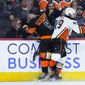 Philadelphia Flyers&#x27; Ivan Provorov, left, and Anaheim Ducks&#x27; Max Jones collide during the third period of an NHL hockey game, Tuesday, Jan. 17, 2023, in Philadelphia. (AP Photo/Matt Slocum) **FILE**