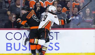 Philadelphia Flyers&#39; Ivan Provorov, left, and Anaheim Ducks&#39; Max Jones collide during the third period of an NHL hockey game, Tuesday, Jan. 17, 2023, in Philadelphia. (AP Photo/Matt Slocum) **FILE**