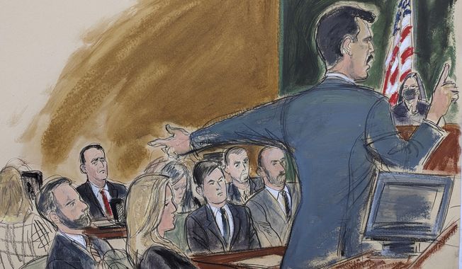 Assistant US Attorney Victor Zapana gives his opening statement while pointing to Hernan Lopez far left in red tie, in Brooklyn federal court, Tuesday, Jan. 17, 2023, in New York. (Elizabeth Williams via AP)