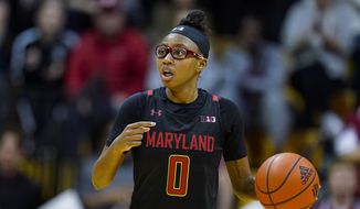 Maryland guard Shyanne Sellers (0) plays against Indiana in the first half of an NCAA college basketball game in Bloomington, Ind., Thursday, Jan. 12, 2023. (AP Photo/Michael Conroy) **FILE**
