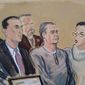 In this Jan 3, 2020 file courtroom sketch, defense attorney Cesar de Castro, left, Mexico&#39;s former top security official, Genaro Garcia Luna, center, and a court interpreter, appear for an arraignment hearing in Brooklyn federal court in New York, Jan. 3, 2020. The former top security official is scheduled to go on trial Tuesday, Jan. 17, 2023, on charges he accepted millions of dollars in bribes in exchange for helping the powerful Sinaloa Cartel move drugs and its members avoid capture. (AP Photo/Elizabeth Williams, File)